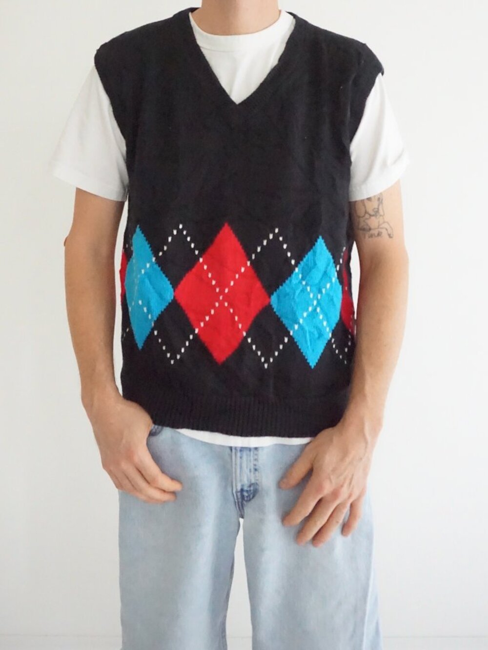 Vintage Par Four Golf Black Red Argyle Diamonds Cotton V-Neck Vest Sweater L